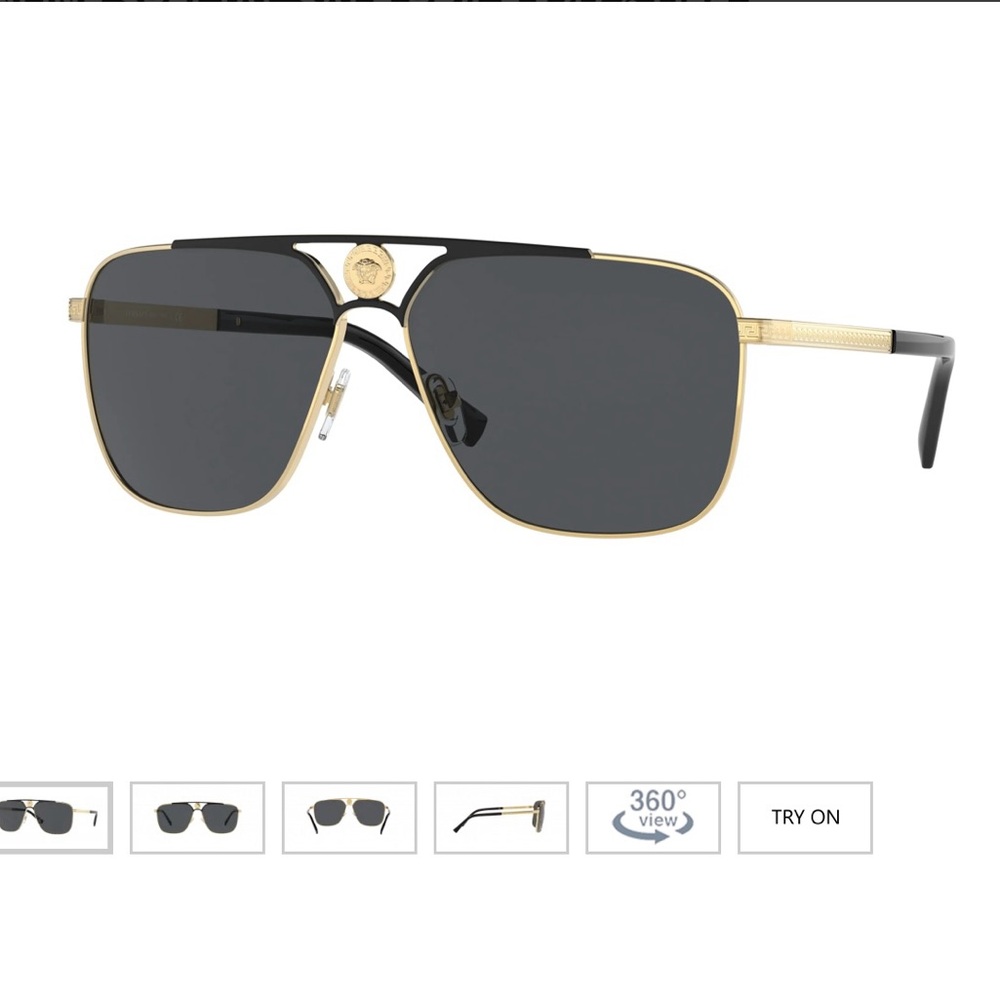 Versace gold & black men’s aviators with logo, box, and case